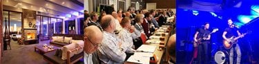 Interi&ouml;r av en hotelllobby med &ouml;ppen spis och sittplatser; ett konferensrum med personer som lyssnar; en scen med musiker som spelar gitarr och basgitarr.