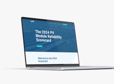 A laptop displaying the "2024 PV Module Reliability Scorecard", marking the tenth edition of Kiwa PVEL's annual report.