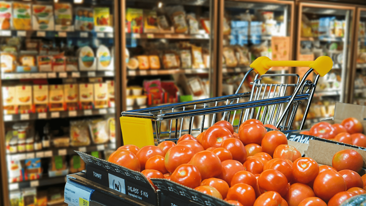Matvaror i en livsmedelsbutik. Längst fram visas en stor mängd tomater.
