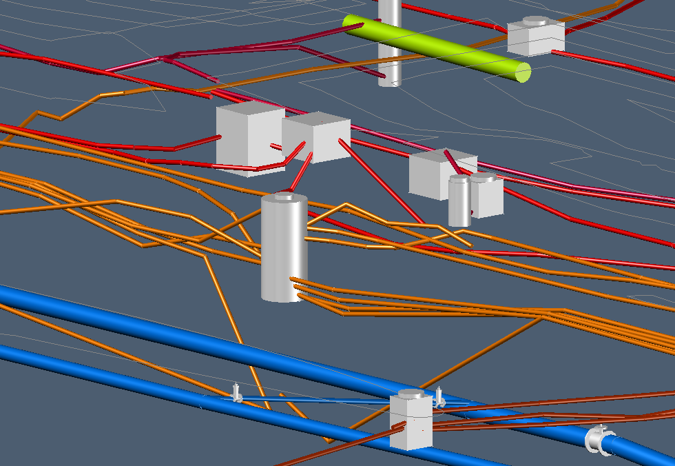 3D underground utility map with multicolored pipelines and structures, illustrating a network of gas, water, and electrical lines for infrastructure planning