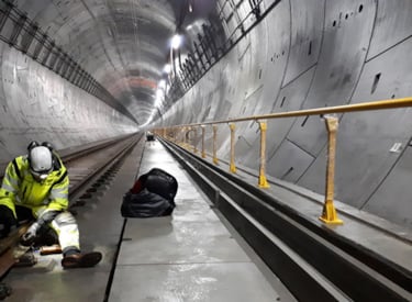 Kiwa inspector kneeling in Nordic region's longest railway tunnel performing an ultrasonic test