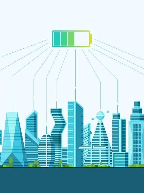 Graphic depiction of a metropolis all being powered by a singular battery, and operating effeciently