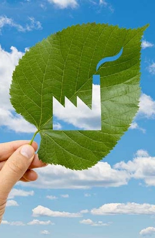 leaf with a cut out depiction of a factory with a smokey chimney, being help up to the sky