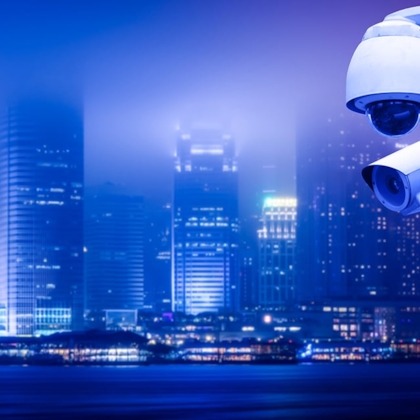 Beveiligingscamera's in een geïllustreerde stad