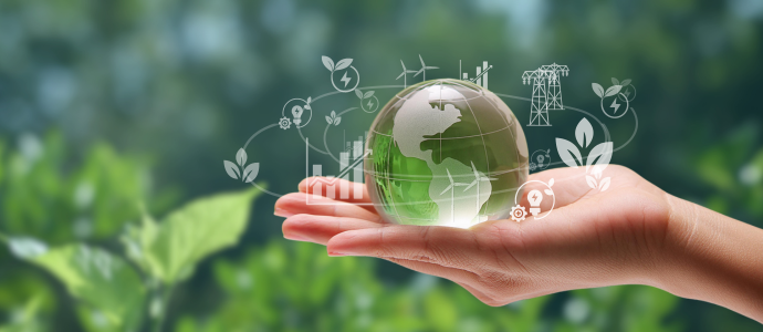 Hand holding a transparent globe with green energy icons and plant illustrations, symbolizing environmental sustainability and renewable energy concepts