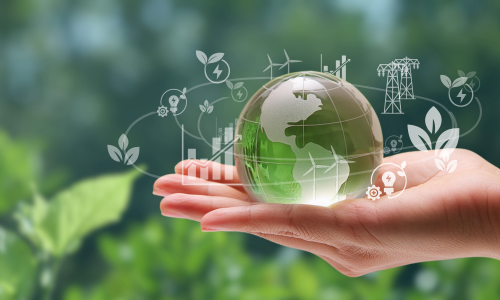 Hand holding a transparent globe with green energy icons and plant illustrations, symbolizing environmental sustainability and renewable energy concepts