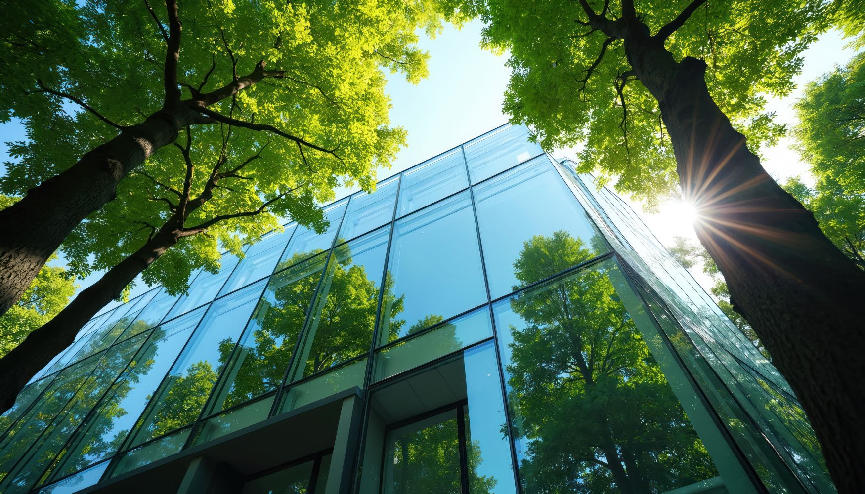 Glass office buidling with green trees standing next to it