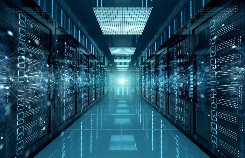 Modern data center corridor with glowing servers and digital connections, representing advanced technology and high-speed data processing