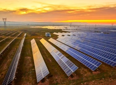 Solar panel field at sundown