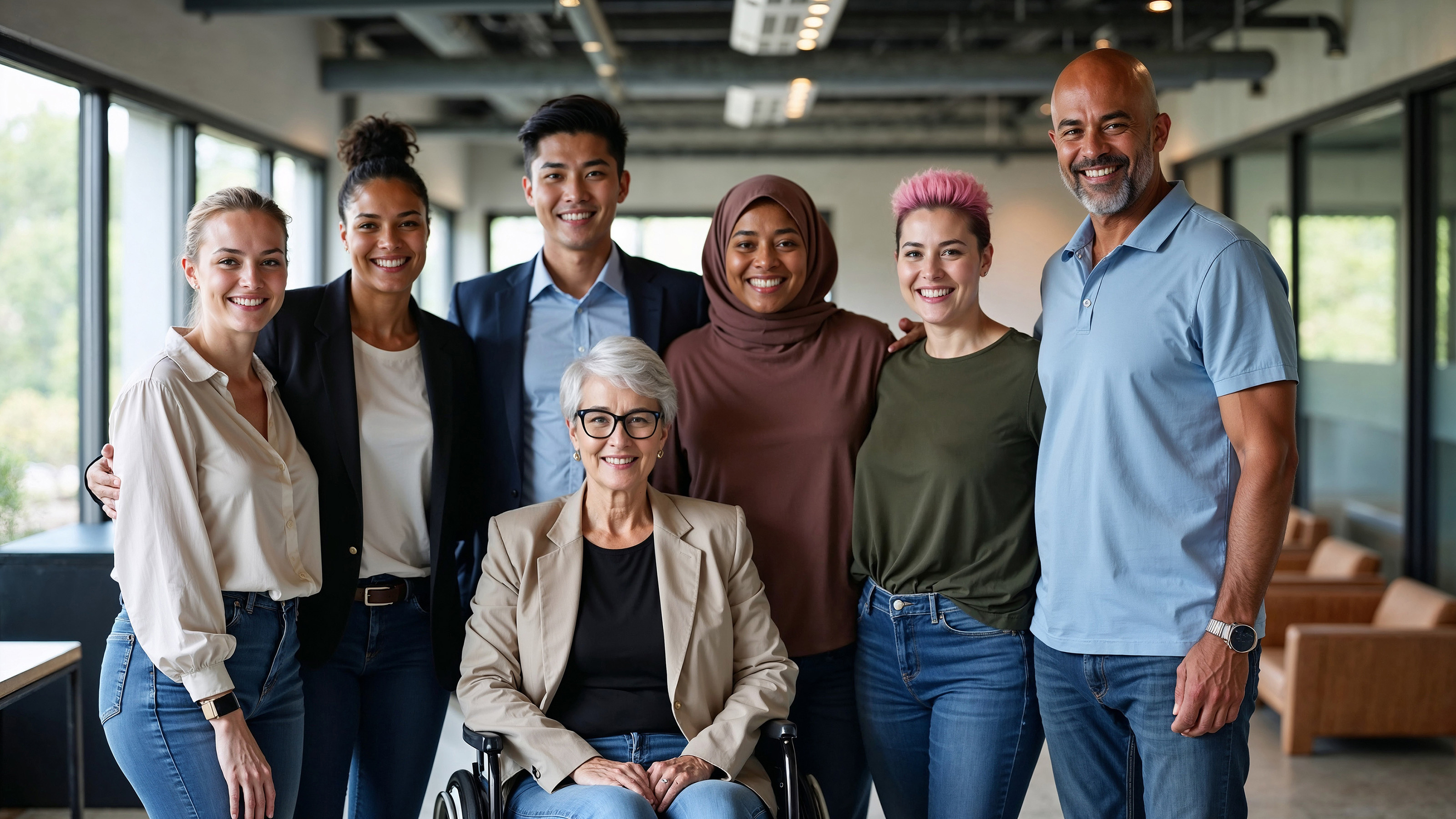 Diverse group of smiling coworkers in a modern office setting, including a person in a wheelchair and individuals showcasing different styles and backgrounds, emphasizing teamwork and inclusivity