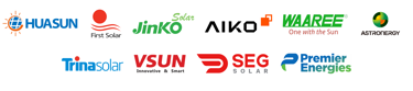 Logos of solar energy companies including Huasun, First Solar, Jinko Solar, Aiko, Waaree, Astronergy, Trina Solar, VSUN, SEG Solar, Premier Energies