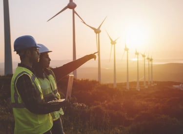 Two workers standing and pointing on a windmill field