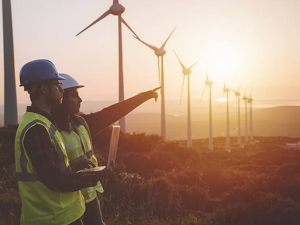 Two workers standing and pointing on a windmill field