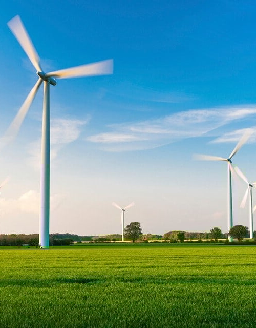 Windmill field with blue sky