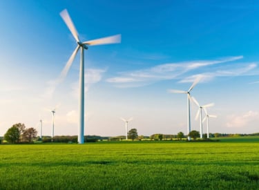 Windmill field with blue sky