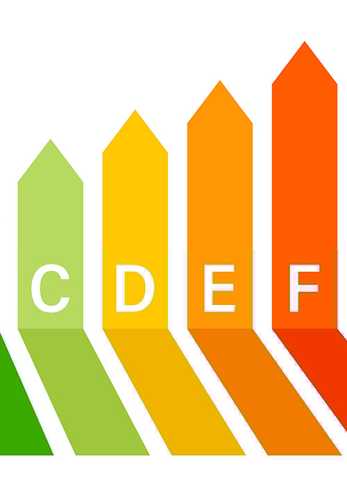 Energiklasser A-G i olika färger för energideklarationer.