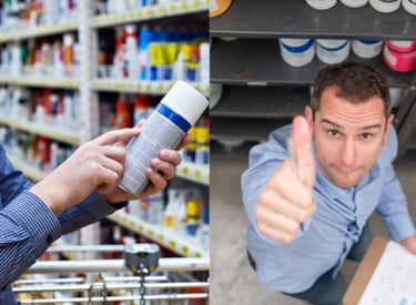Person läser text på sprayburk som innehåller kemikalier och en man ger tummen upp (två bilder).