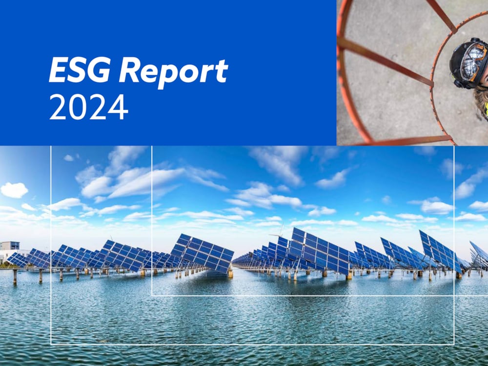 Kiwas ESG rapport för 2024 - rapportens framsida visar flera rader med solpaneler placerade över vatten.