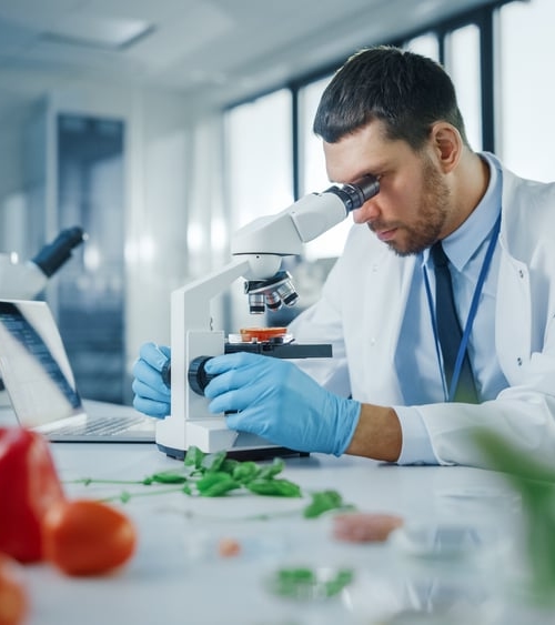 A man is inspecting food as part of Kiwa certification.