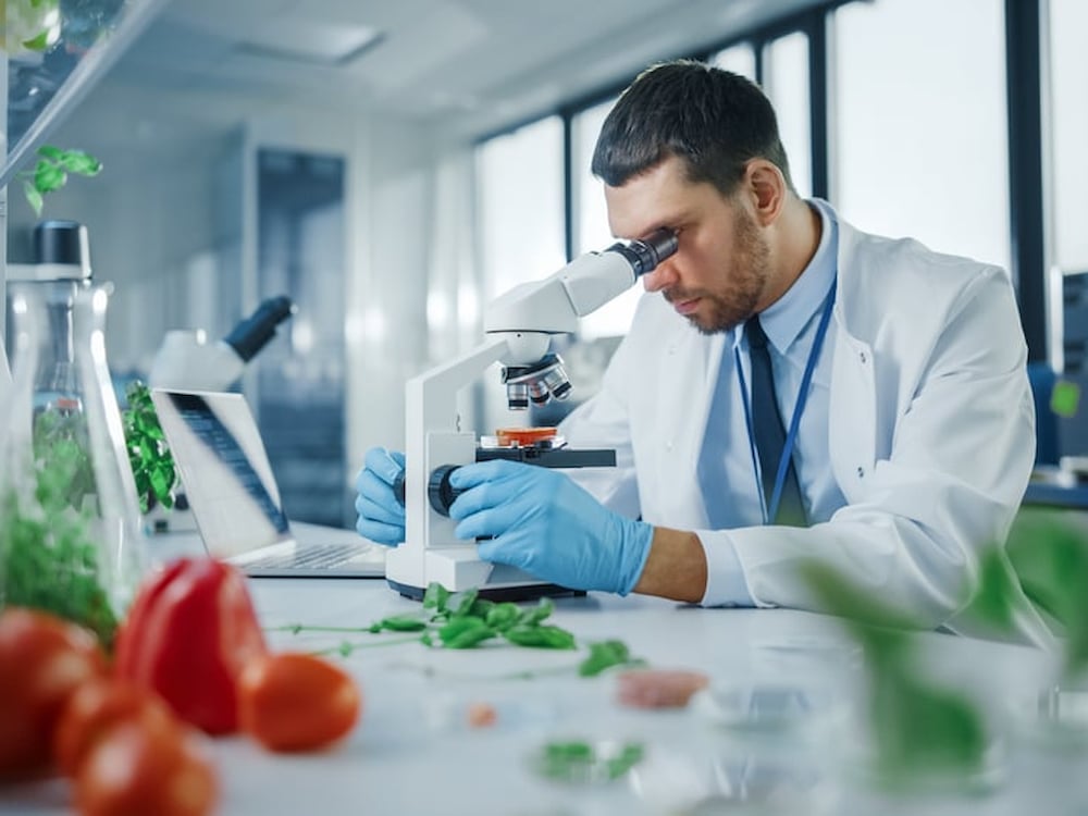 A man is inspecting food as part of Kiwa certification.